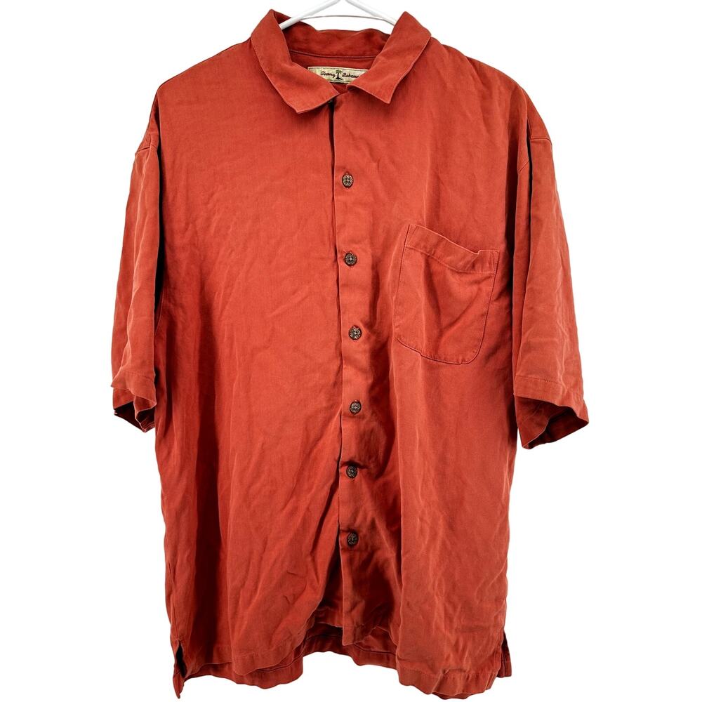 Tommy Bahama Camp Shirt Button Down Short Sleeve Chest Pocket 100% Silk Orange L